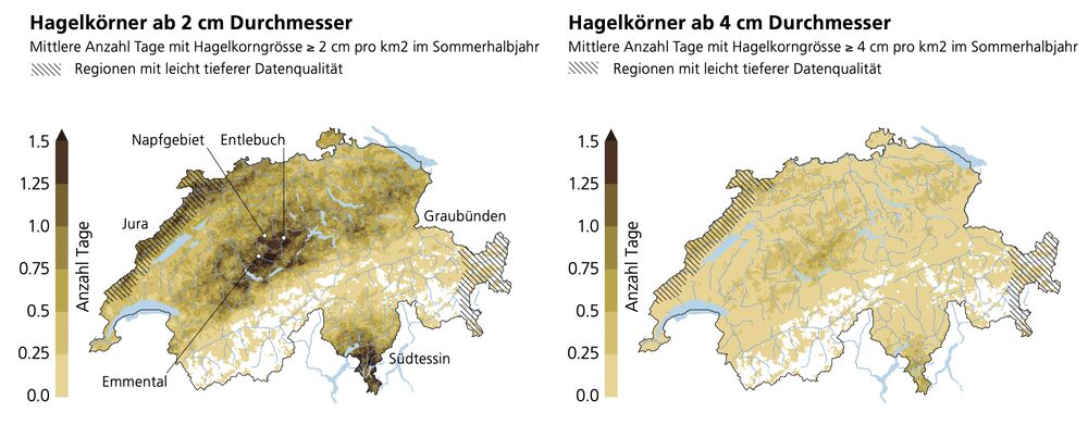 Bild 2: Lesebeispiel: Im Emmental wird im Mittel an bis zu zwei Tagen pro Jahr eine Korngrösse von 2 cm erreicht oder überschritten. (Bild: NCCS)